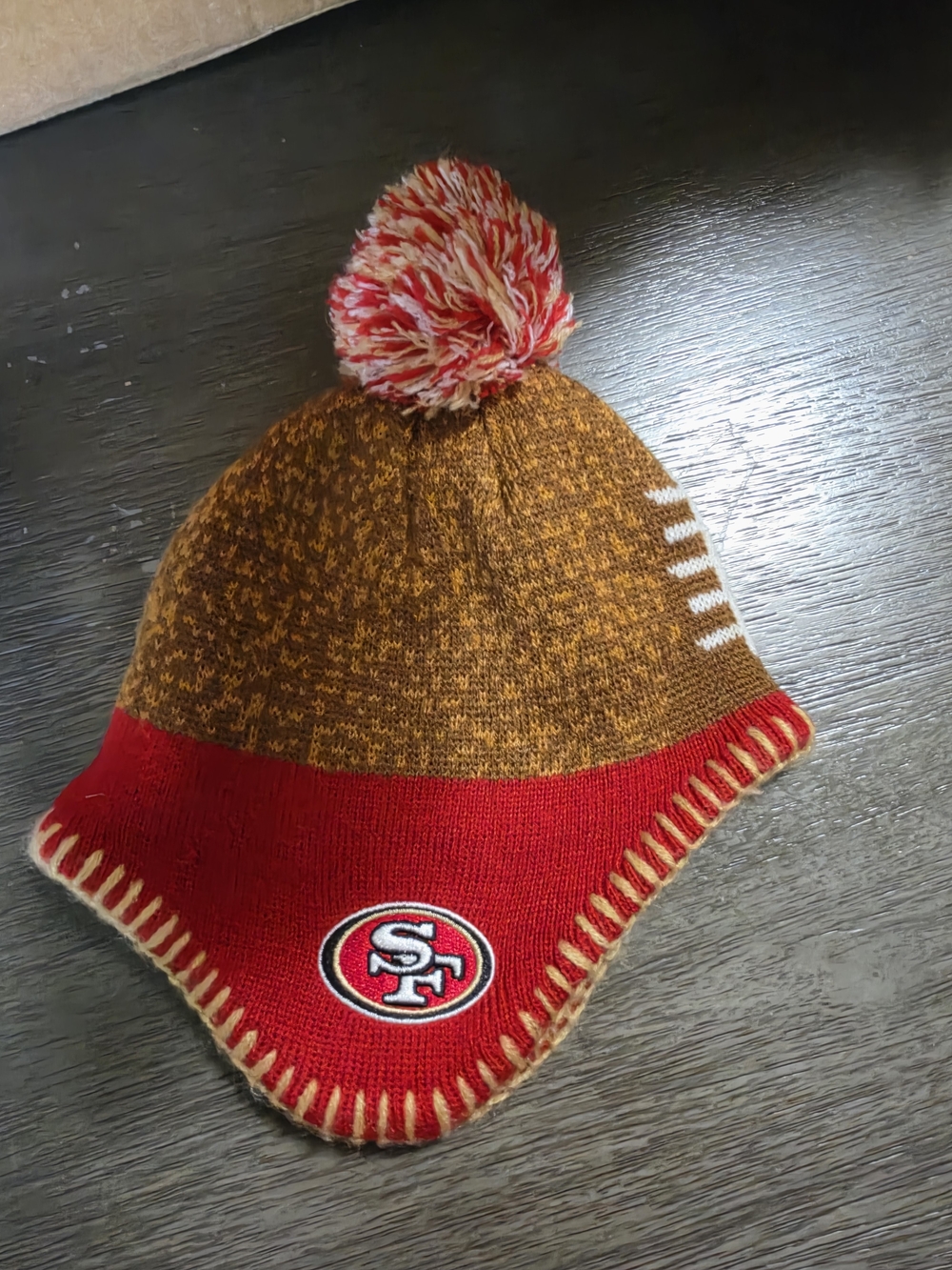 Kids Pom Beanie - Red & Brown